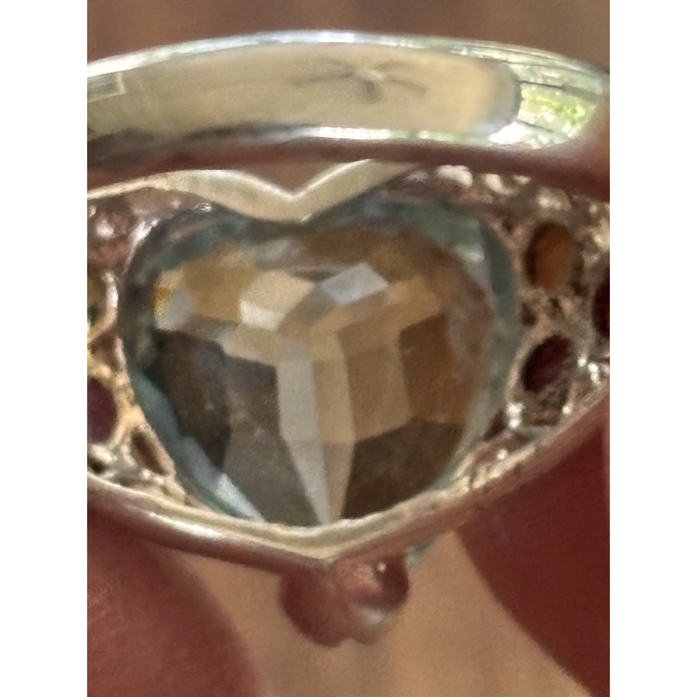 Vintage Heart-Shaped Blue Topaz and Multi Gem Ring in Sterling Silver, Size 9 - Picture 4 of 12